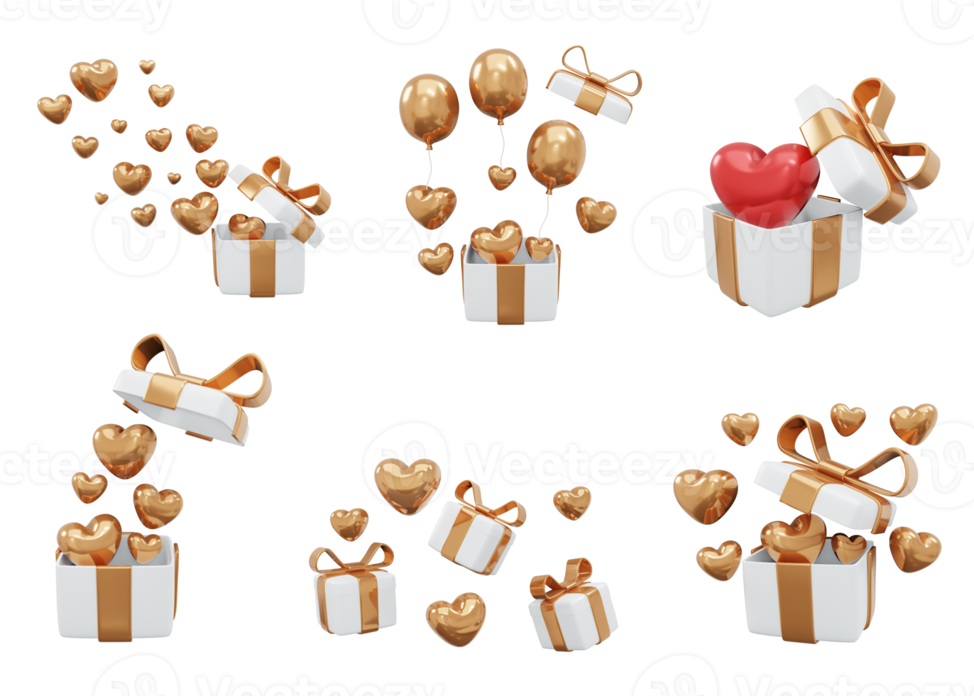 3D-rendering set van gouden geschenk en ballon element voor decoratie geïsoleerde background png