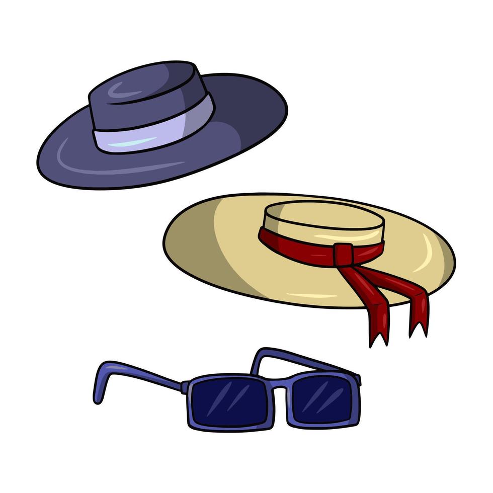 conjunto de iconos de verano, protección solar, sombreros y gafas de sol, ilustración vectorial en estilo de dibujos animados vector