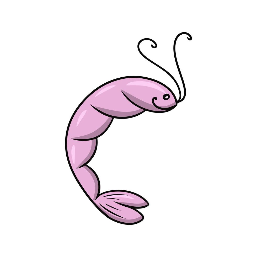 Sea life, cute pink shrimp with a smile, vector illustration in cartoon style on a white background