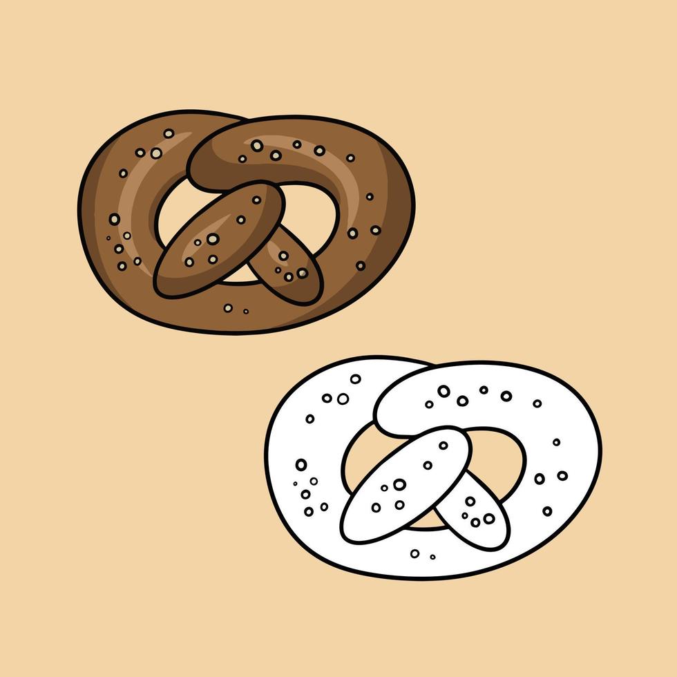 A set of pictures, Delicious pastries, pretzel sprinkled with sesame seeds, vector cartoon illustration on a colored background