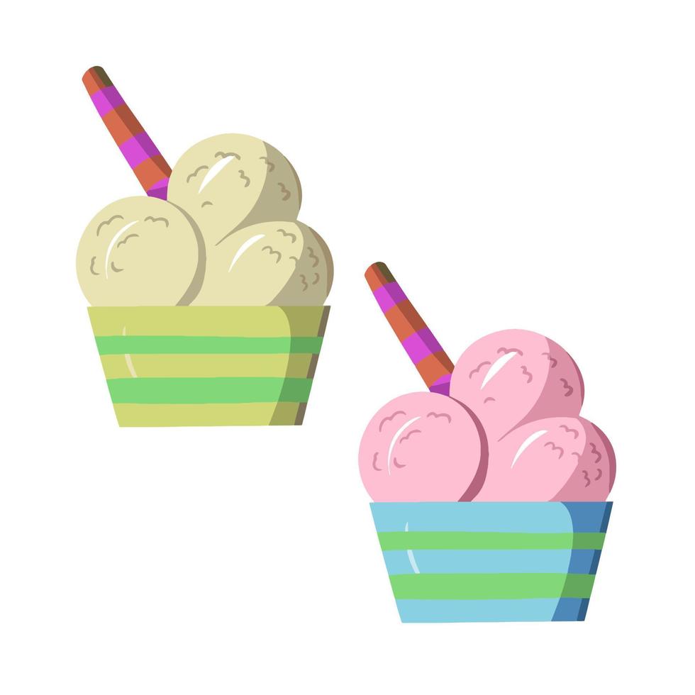 A set of sweet cold desserts, fruits and vanilla ice cream in different glasses with a sugar stick, cartoon vector illustration on a white background