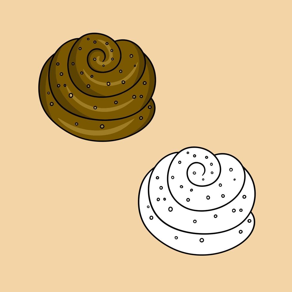 A set of pictures, a sweet twisted bun sprinkled with sugar, a vector illustration in cartoon style on a colored background