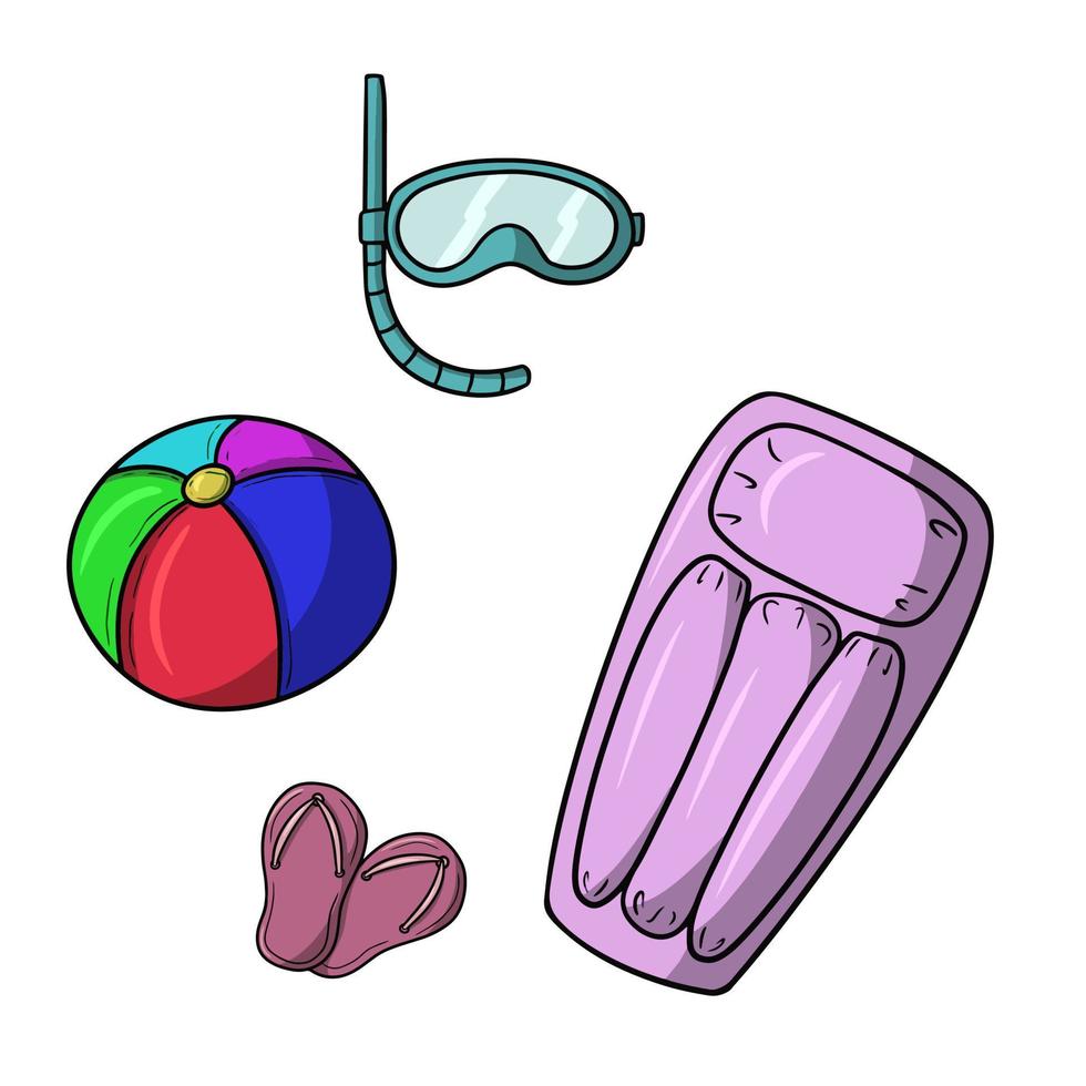 conjunto de iconos de verano, accesorios para vacaciones en el mar, ilustración vectorial en estilo de dibujos animados sobre un fondo blanco vector