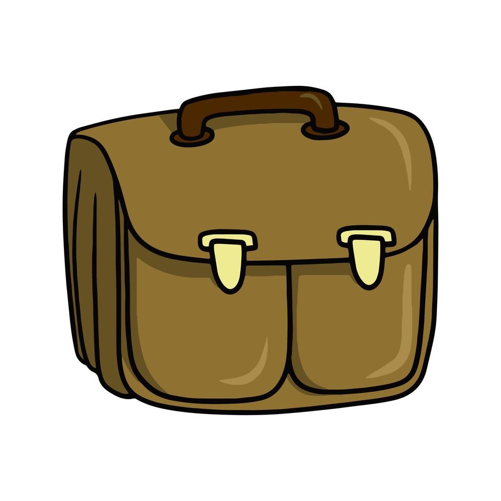 Square brown leather briefcase, document bag, cartoon-style vector illustration on white background