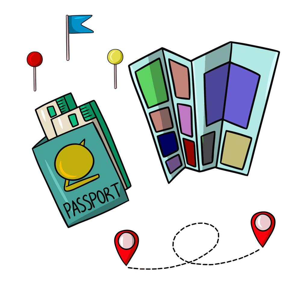 A set of colored icons for the tourist collection, documents and labels for the map, vector illustration in cartoon style on a white background