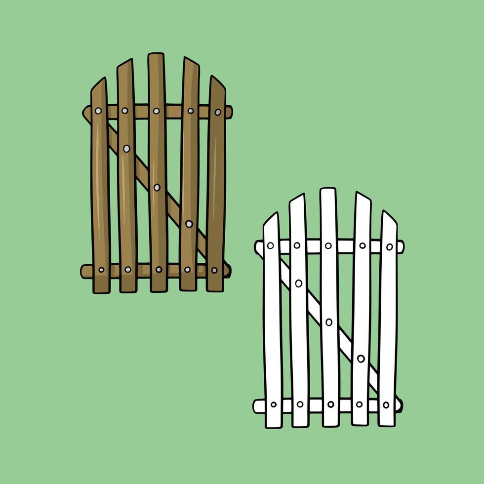 A set of pictures, a gate, a door, an old wooden fence with a semicircular top, a vector illustration in cartoon style on a colored background