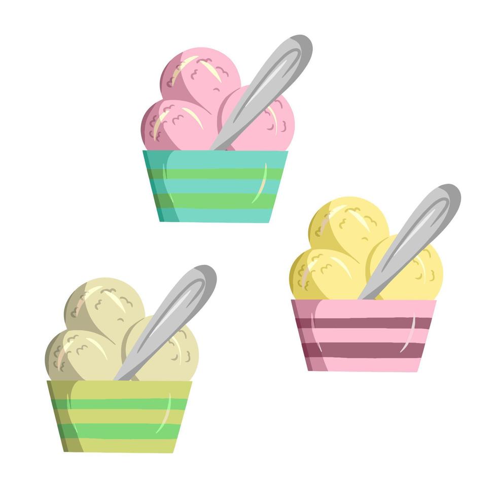 un conjunto de coloridos postres fríos dulces, frutas y helado de vainilla en diferentes vasos con una cuchara de plata, vector de dibujos animados