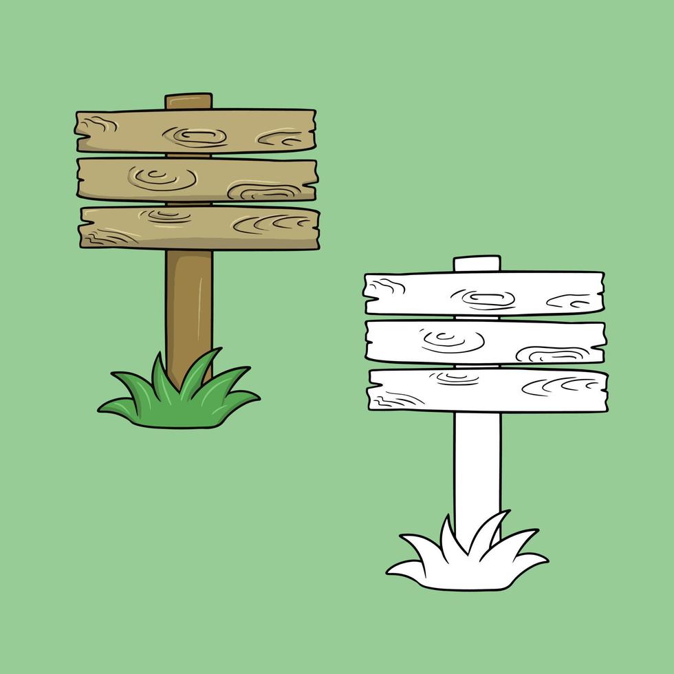 un conjunto de ilustraciones, un viejo cartel de madera marrón en un poste, un puesto con hierba verde, una ilustración vectorial en estilo de dibujos animados sobre un fondo de color vector