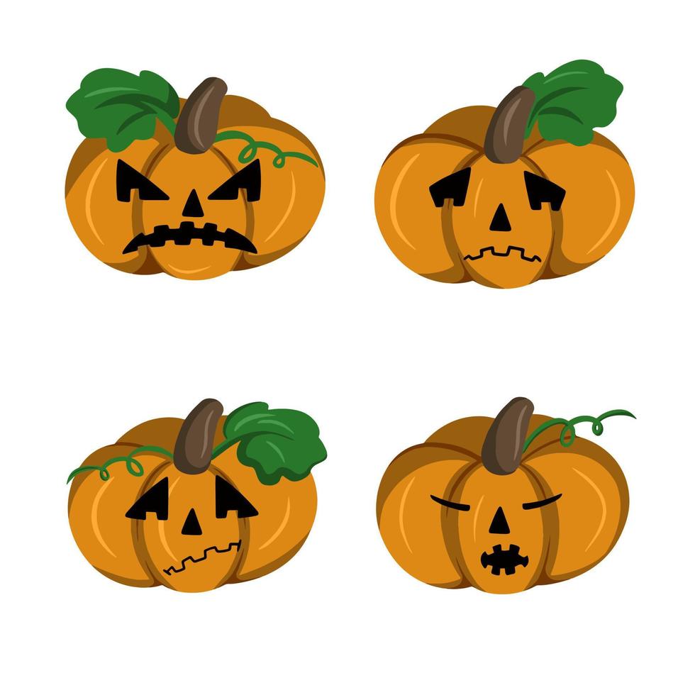 Set of illustrations, Festive pumpkin character, Sad Pumpkin, Angry Pumpkin, Cartoon, Vector illustration in flat style