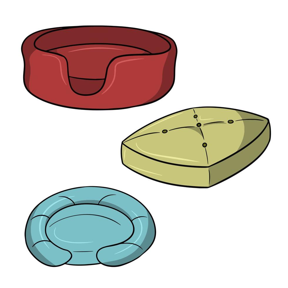 A set of different colored litter for dogs and cats, a comfortable soft chaise longue, a vector illustration in cartoon style on a white background