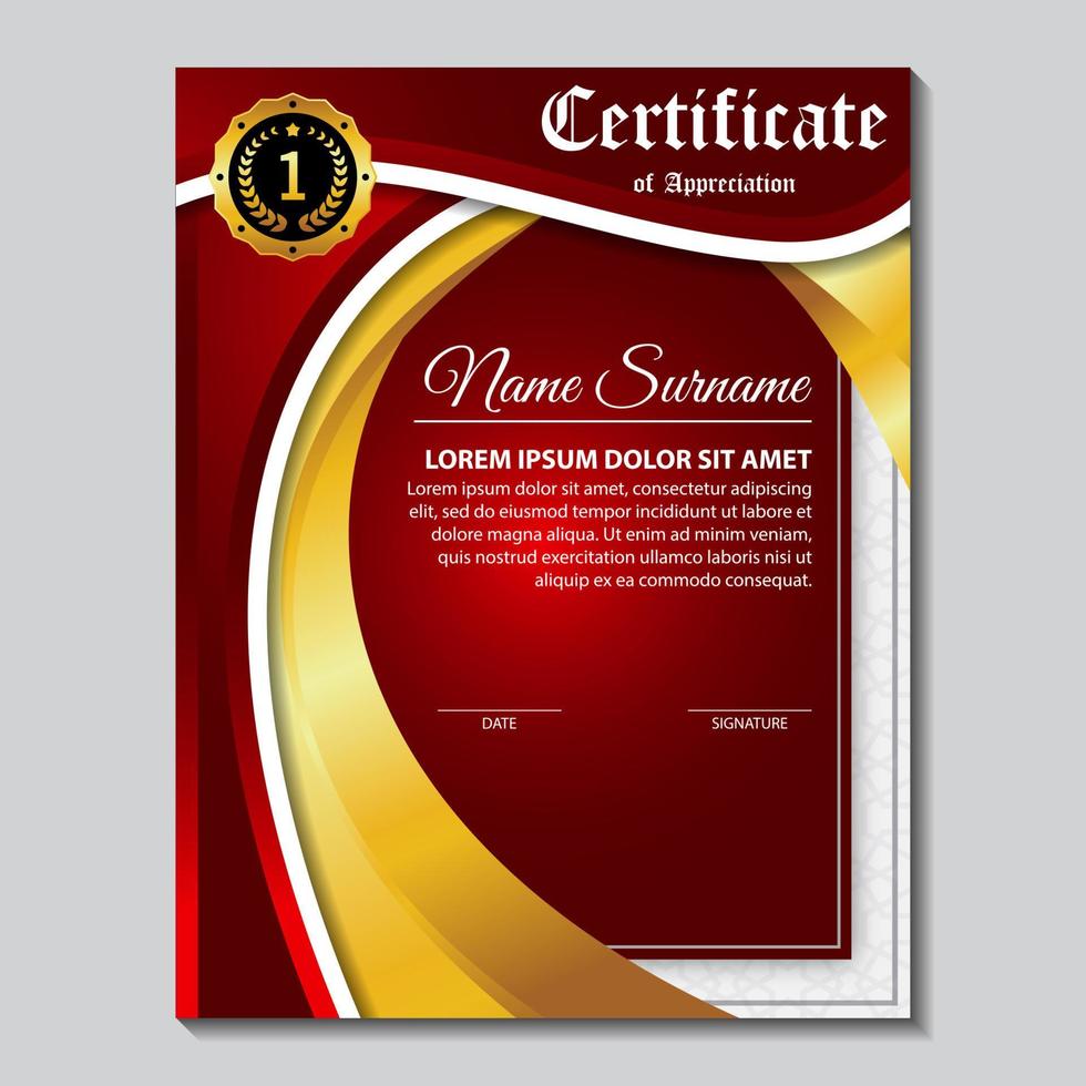 certificado de plantilla de premio, color dorado y degradado rojo. contiene un certificado moderno con una insignia dorada vector