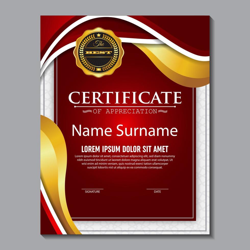 Award template certificate, gold color and red gradient. Contains a modern certificate with a gold badge vector