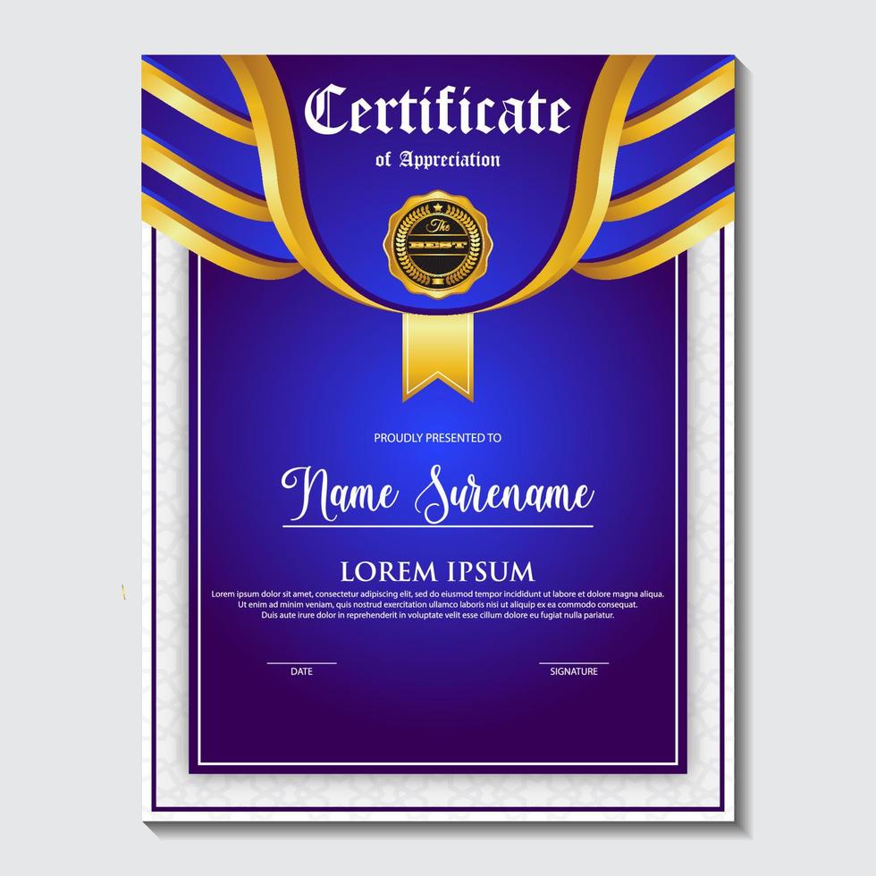 Blue and gold color certificate template design. Certificate of Achievement with a gold badge vector