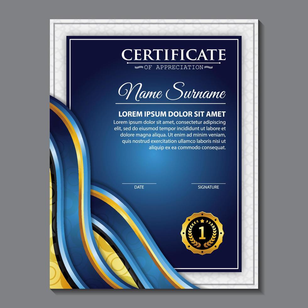 Certificado de plantilla de premio, color dorado y degradado azul. contiene un certificado moderno con una insignia dorada. vector