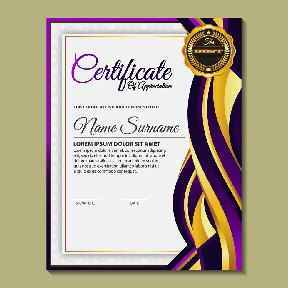 plantilla de certificado moderno en gradación y colores dorados, lujo y estilo moderno e imagen vectorial de estilo de premio. vector