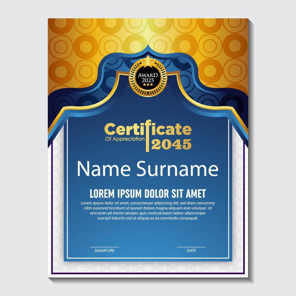 Blue and gold color certificate template design. Certificate of Achievement with a gold badge vector