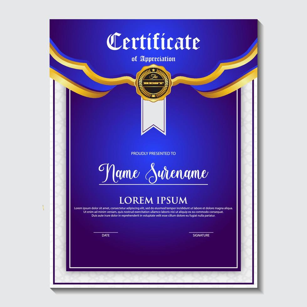 Blue and gold color certificate template design. Certificate of Achievement with a gold badge vector