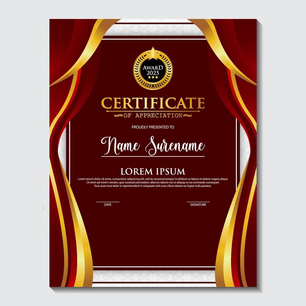 certificado de plantilla de premio, color dorado y degradado rojo. contiene un certificado moderno con una insignia dorada. vector