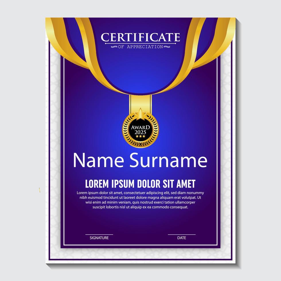 Blue and gold color certificate template design. Certificate of Achievement with a gold badge vector