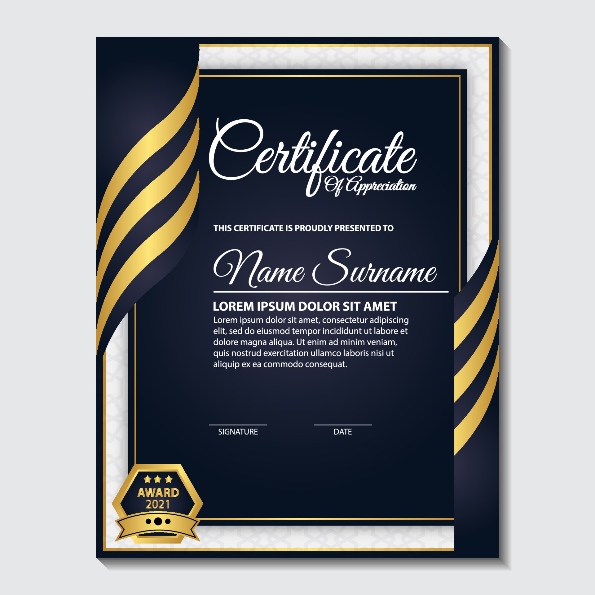 Modern certificate template in gradation and gold colors, luxury and