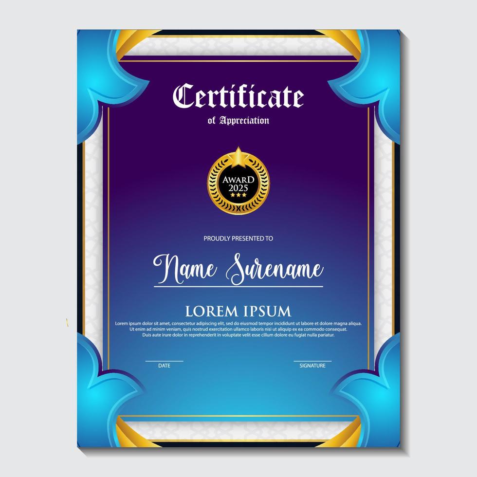 Blue and gold color certificate template design. Certificate of Achievement with a gold badge vector