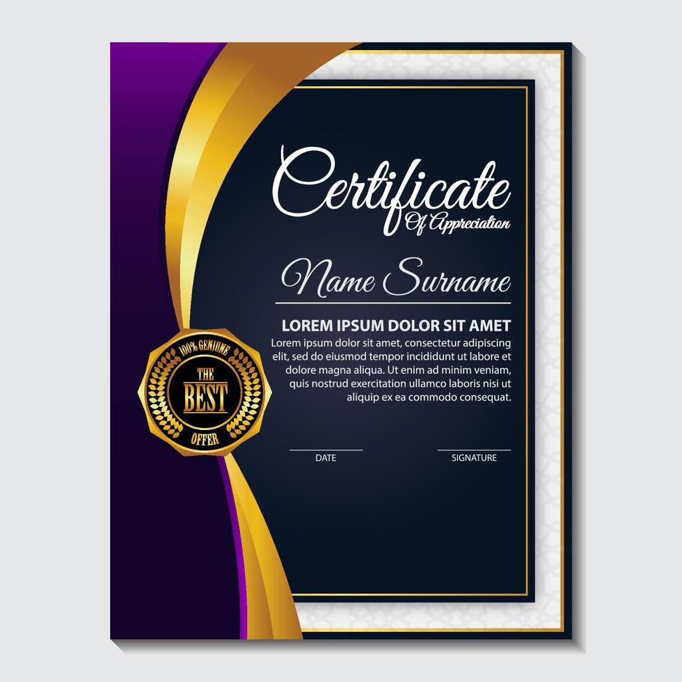 Modern certificate template in gradation and gold colors, luxury and modern style and award style vector image.