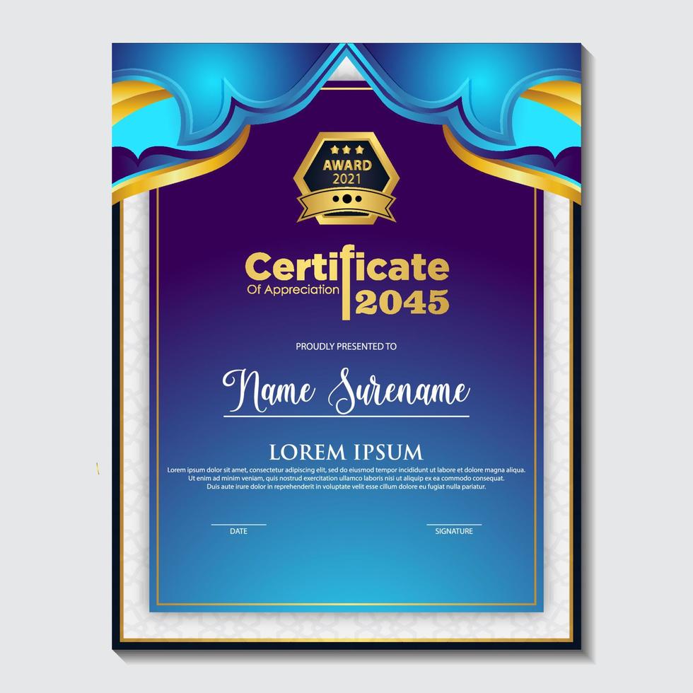 Blue and gold color certificate template design. Certificate of Achievement with a gold badge vector