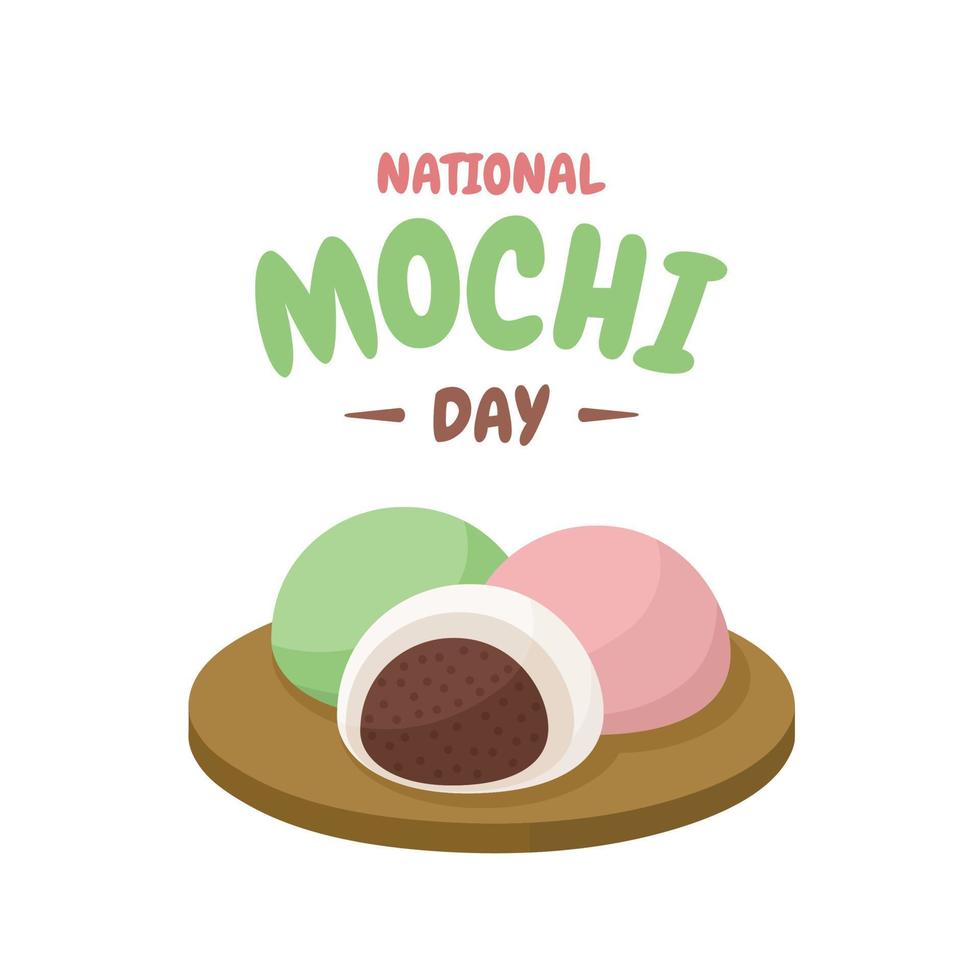 ilustración vectorial de mochi en una tabla de madera, aislada en fondo blanco, como pancarta o afiche, día nacional de mochi. vector