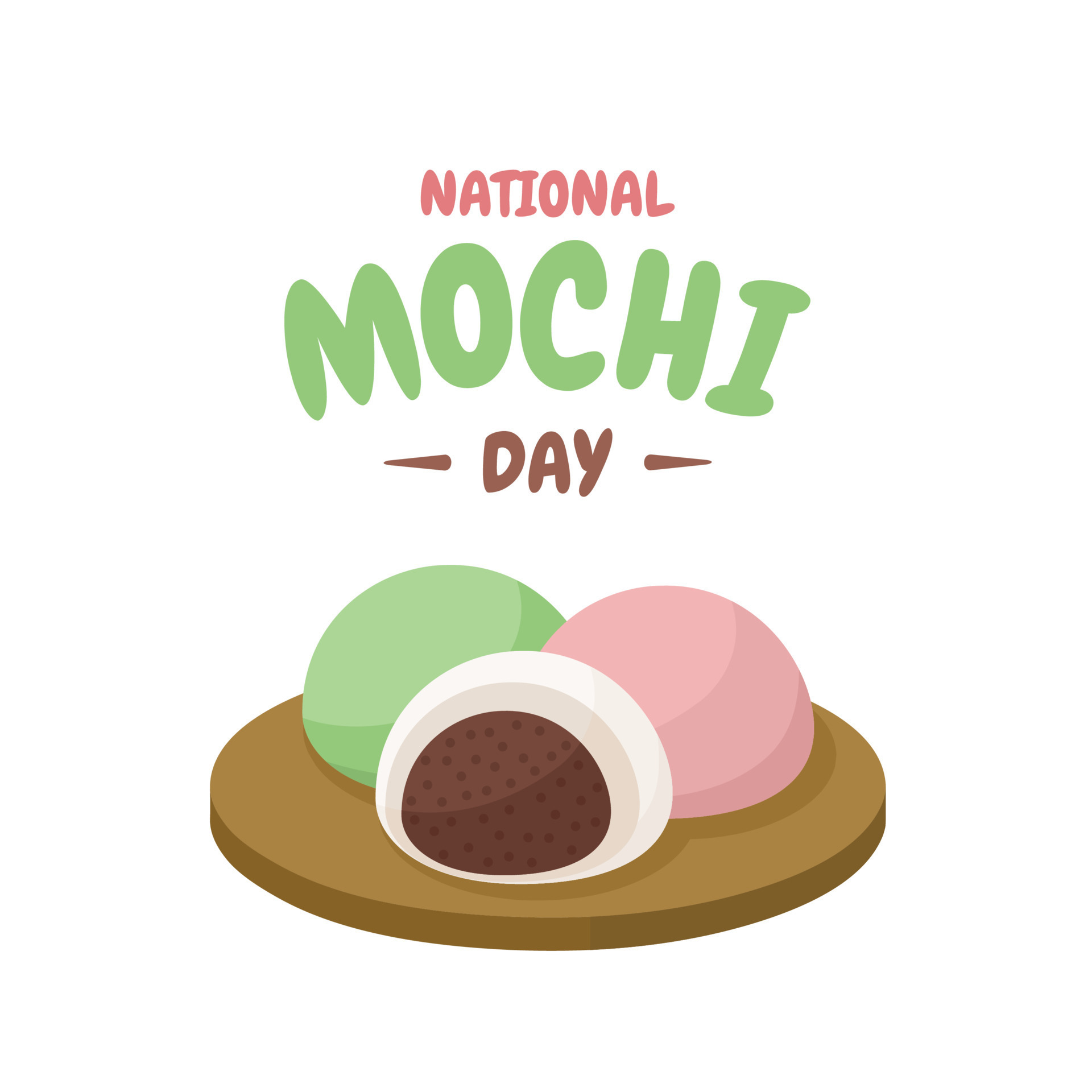 Vector illustration of mochi on a wooden board, isolated on white