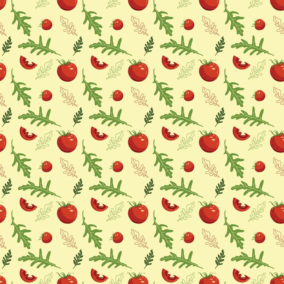 Summer juicy tomato and arugula pattern vector