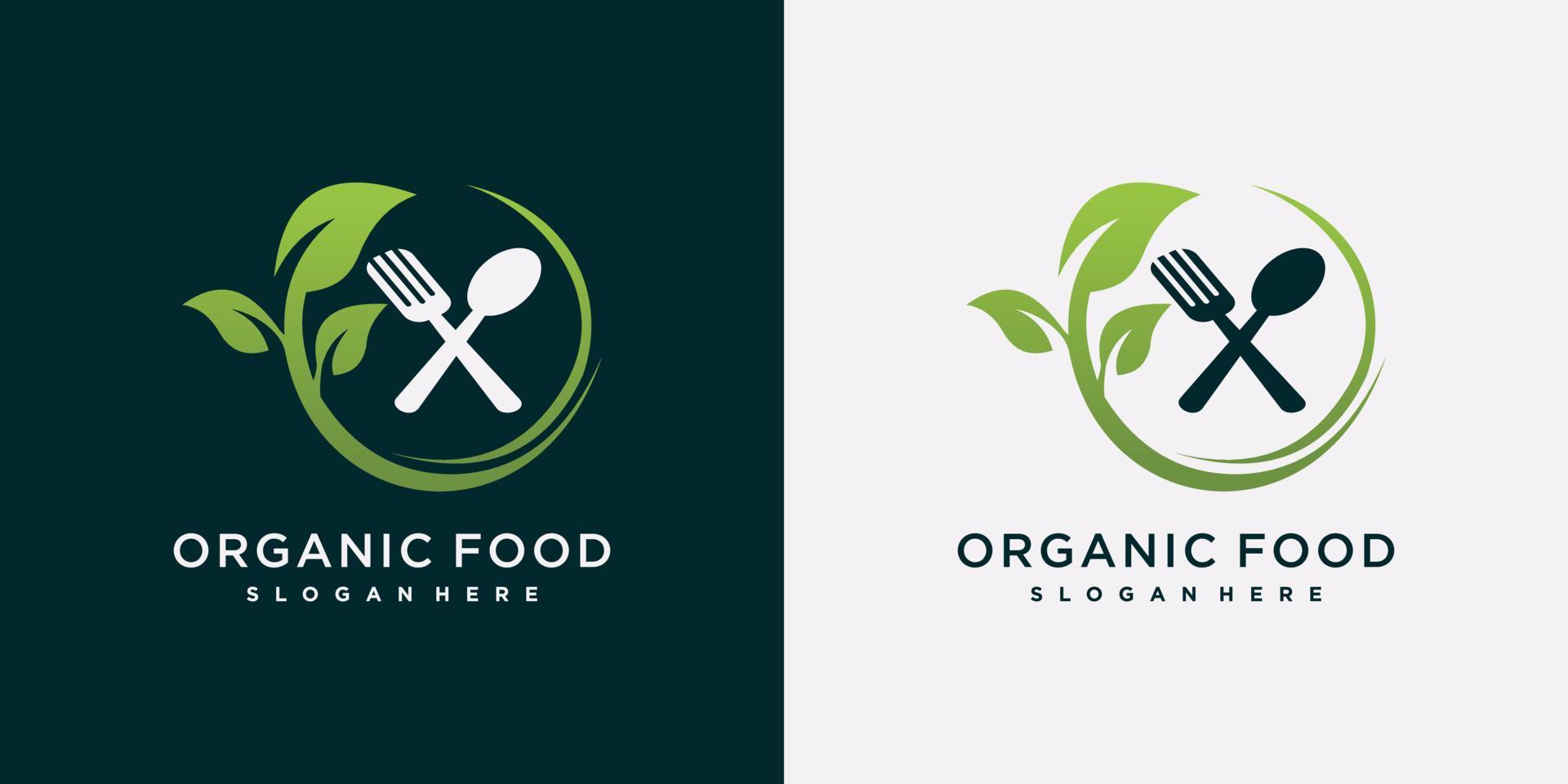 plantilla de diseño de logotipo de alimentos orgánicos para icono de alimentos frescos naturales con cuchara, tenedor y elemento de hoja vector