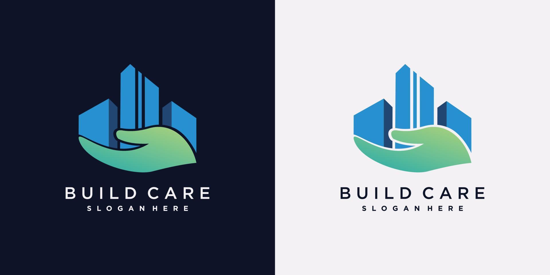 Building logo design template for safety construction with hand and creative concept vector