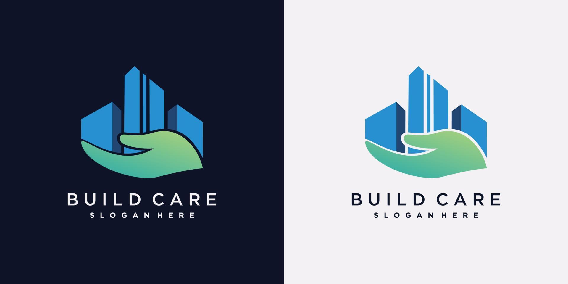 plantilla de diseño de logotipo de construcción para construcción de seguridad con mano y concepto creativo vector