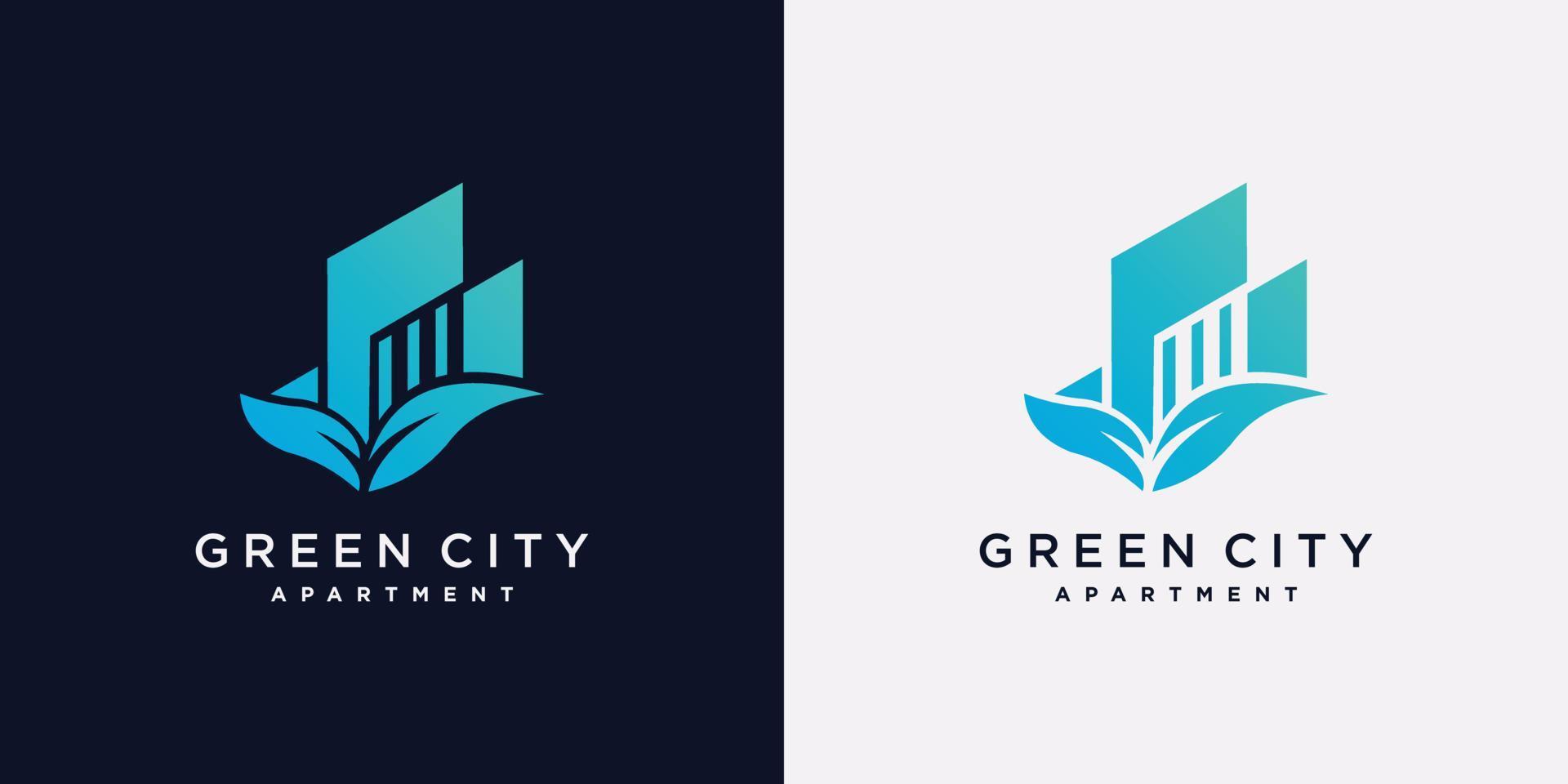 Green city building logo design template with leaf element and creative concept vector