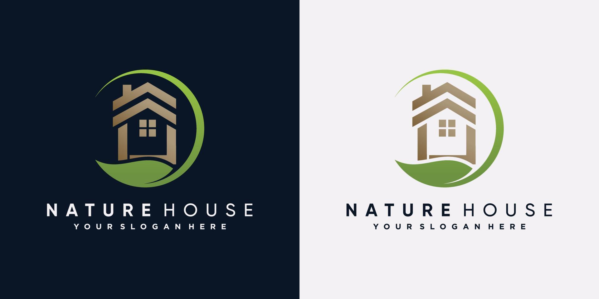 Nature house logo design vector illustration with leaf element and green color