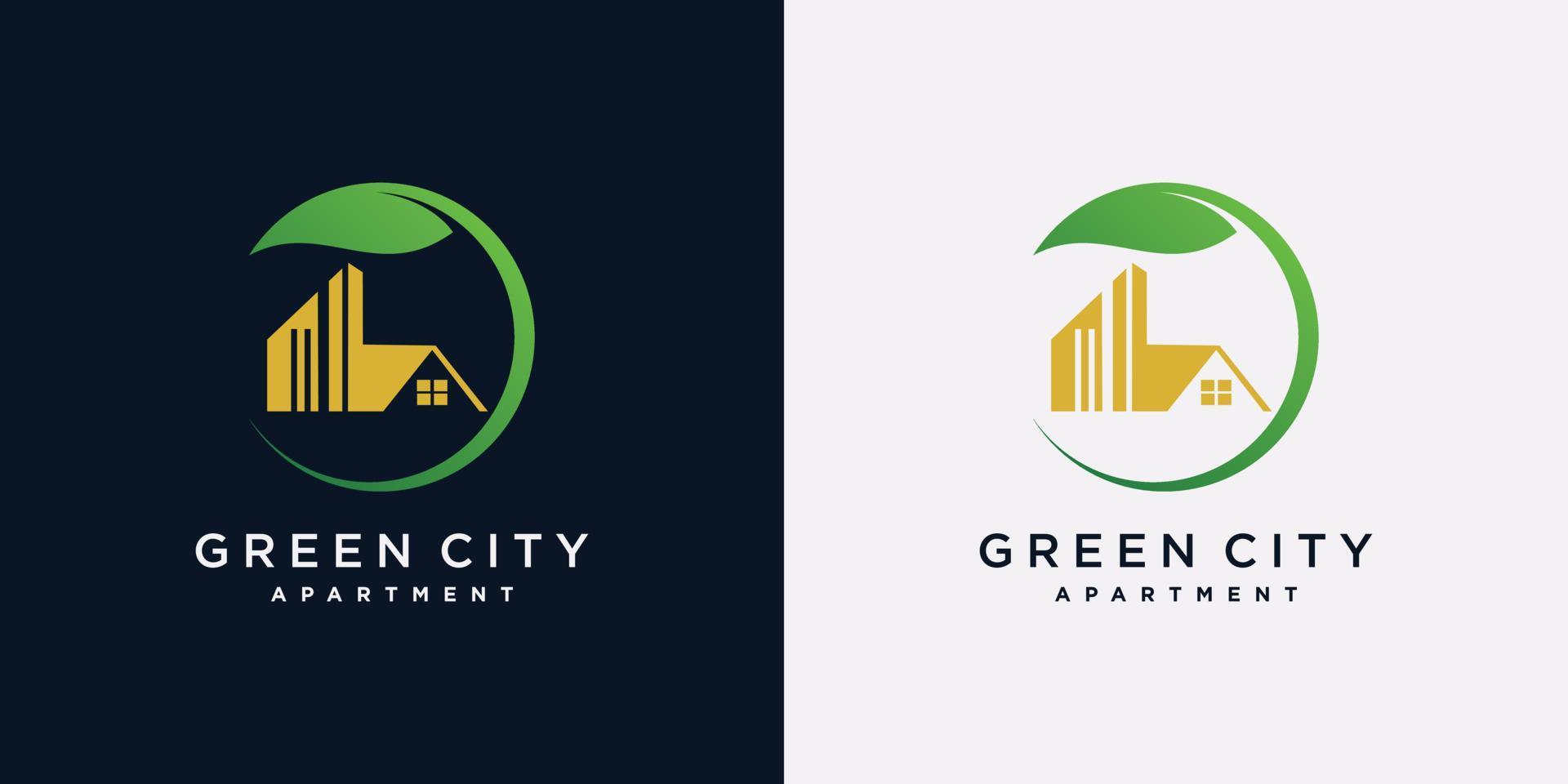 Green city building logo design template with leaf element and creative concept vector
