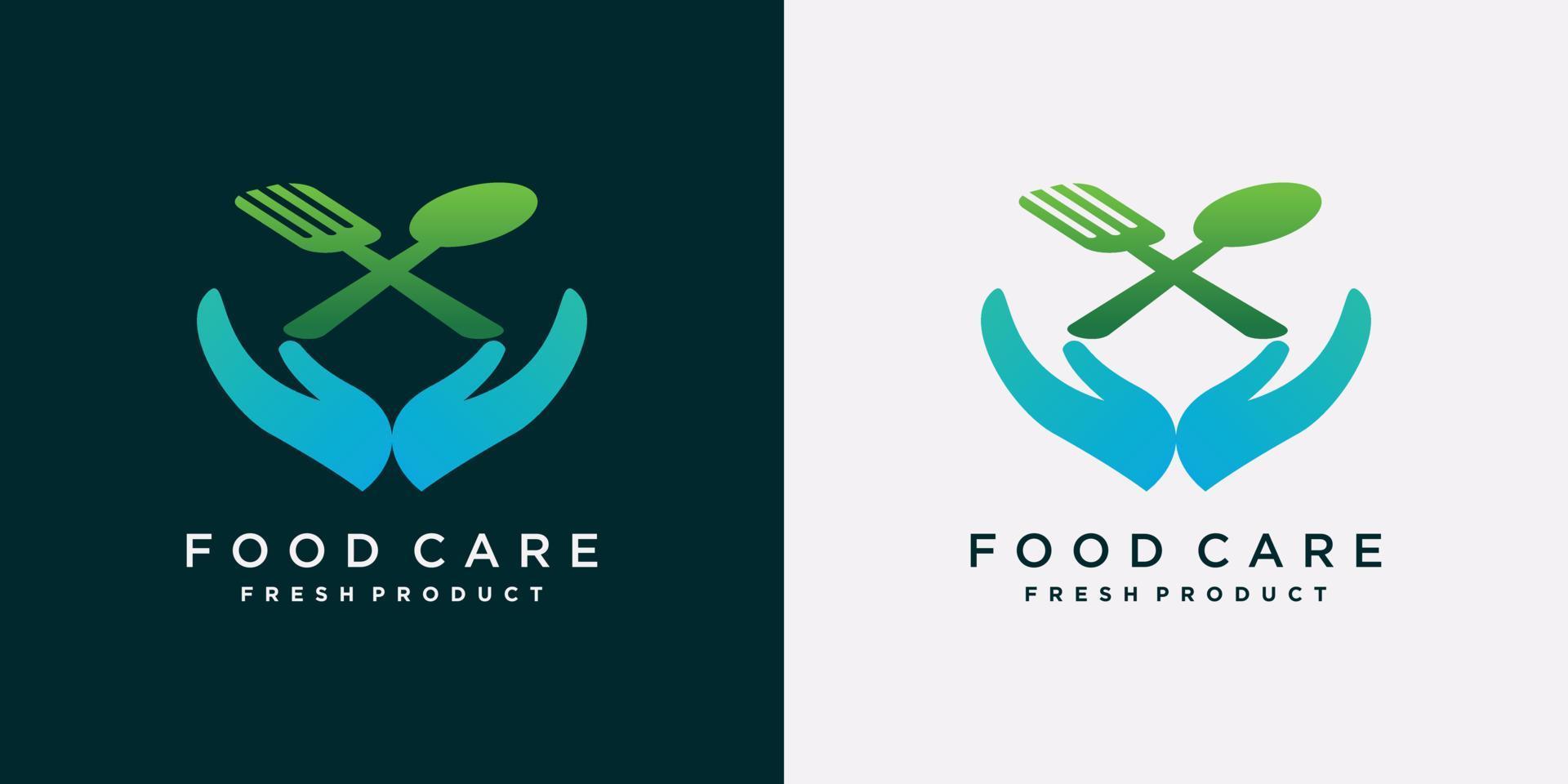 Food care logo design template with spoon, fork and hand element vector