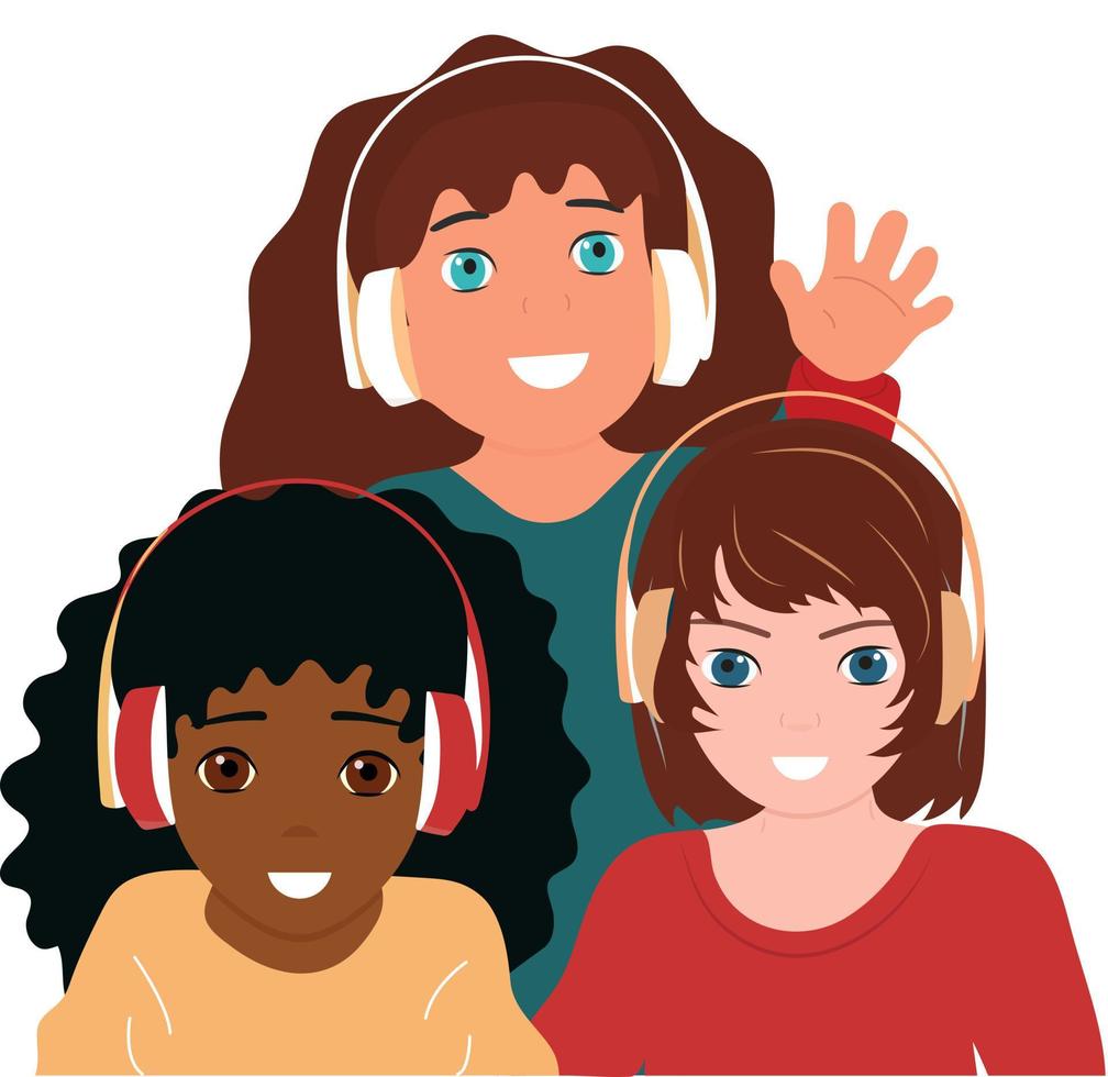 Cheerful, happy children listen to music in headphones. Boy and girls. Vector illustration.