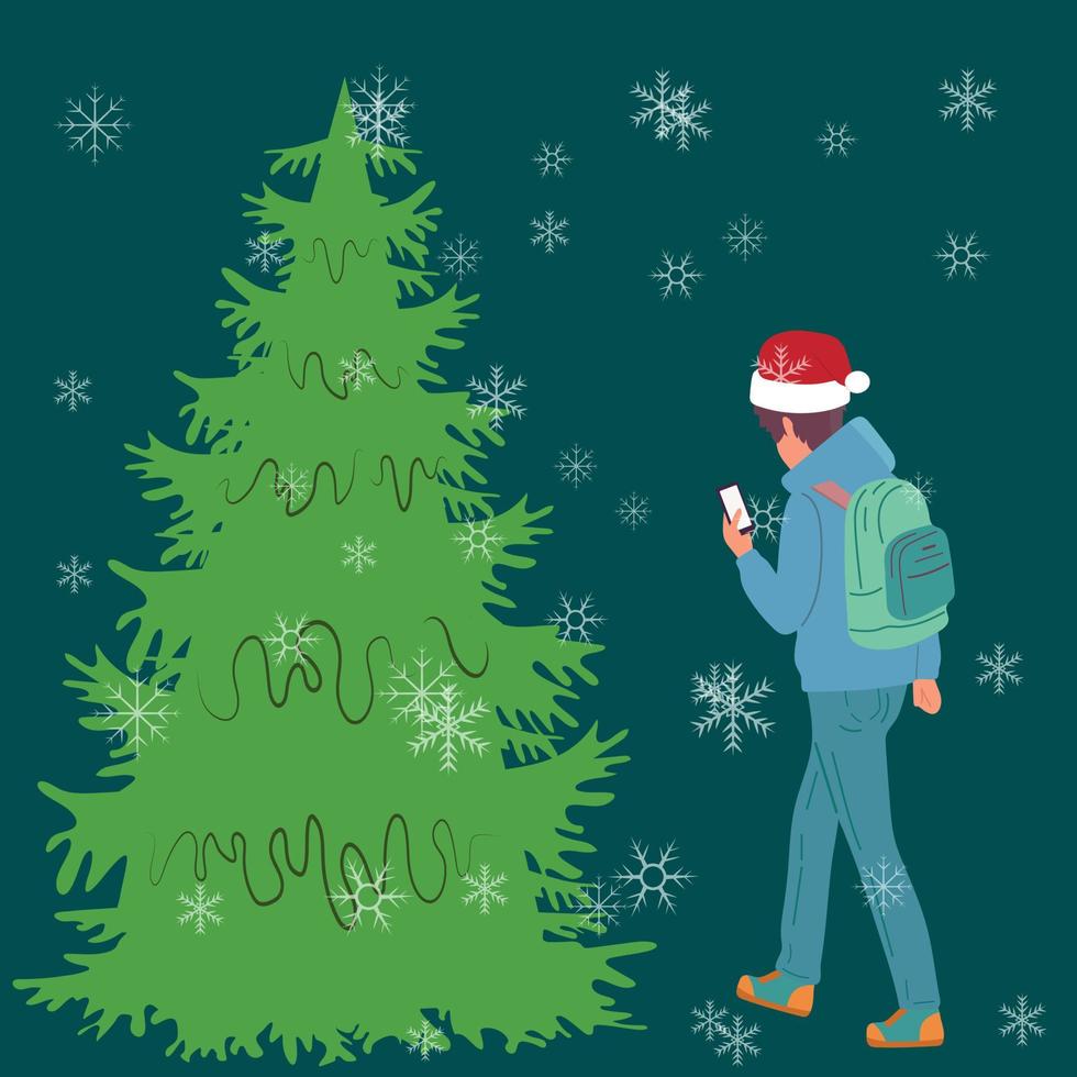 árbol de navidad verde, regalos, felicidad. Ilustración de vector de vacaciones.