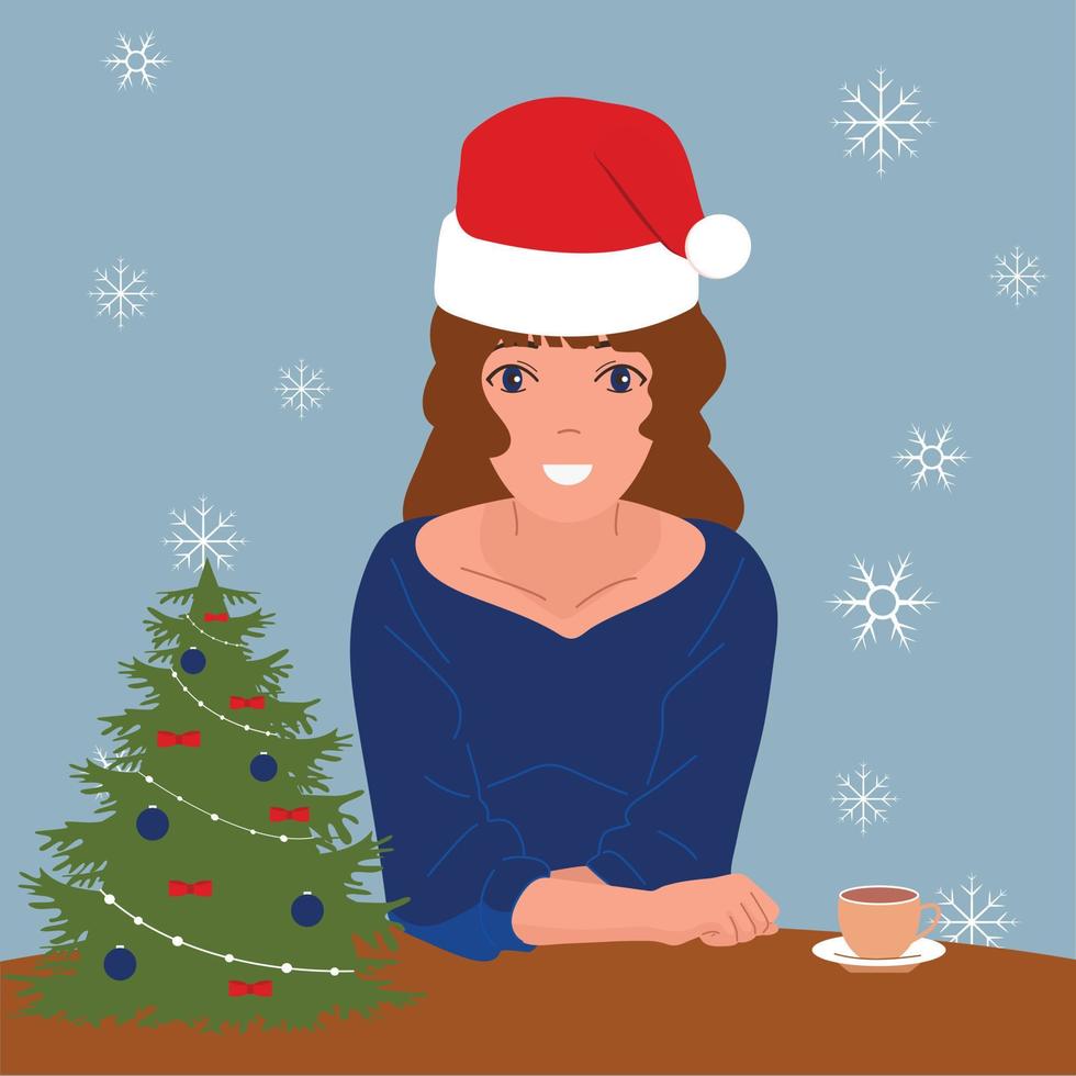 felicidad navideña de la mujer. árbol de navidad, regalos. ilustración vectorial vector