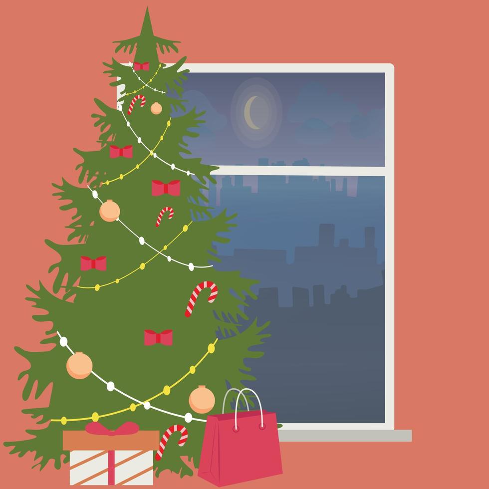 árbol de navidad verde, regalos, felicidad. Ilustración de vector de vacaciones.