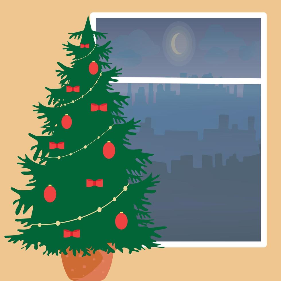 árbol de navidad verde, regalos, felicidad. Ilustración de vector de vacaciones.