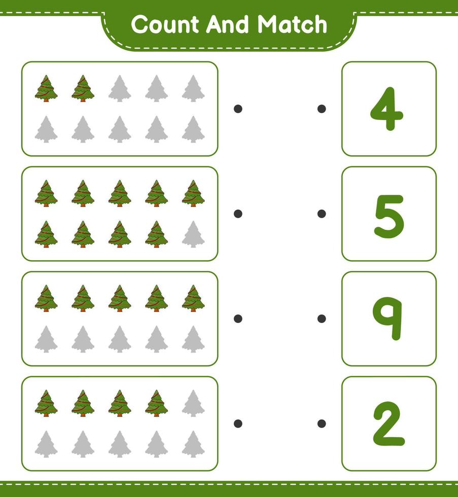 Count and match, count the number of Christmas Tree and match with the right numbers. Educational children game, printable worksheet, vector illustration