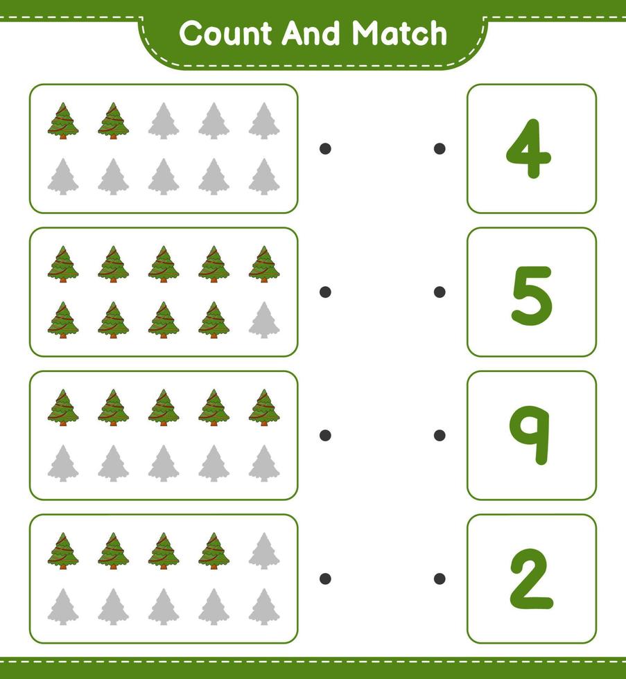 cuenta y empareja, cuenta el número de árboles de navidad y empareja con los números correctos. juego educativo para niños, hoja de cálculo imprimible, ilustración vectorial vector