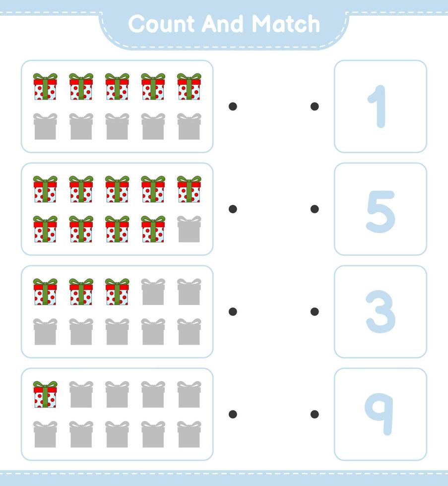 Count and match, count the number of Gift Box and match with the right numbers. Educational children game, printable worksheet, vector illustration