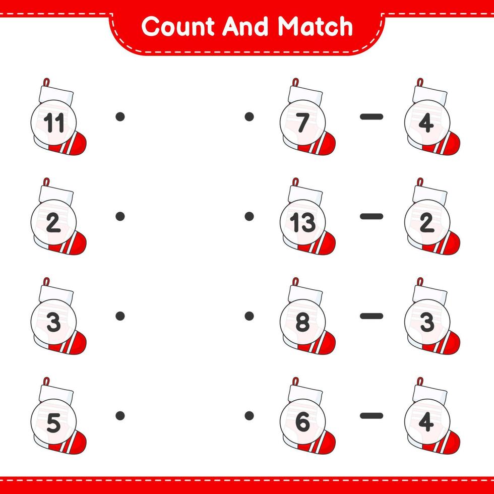 Count and match, count the number of Christmas Sock and match with the right numbers. Educational children game, printable worksheet, vector illustration