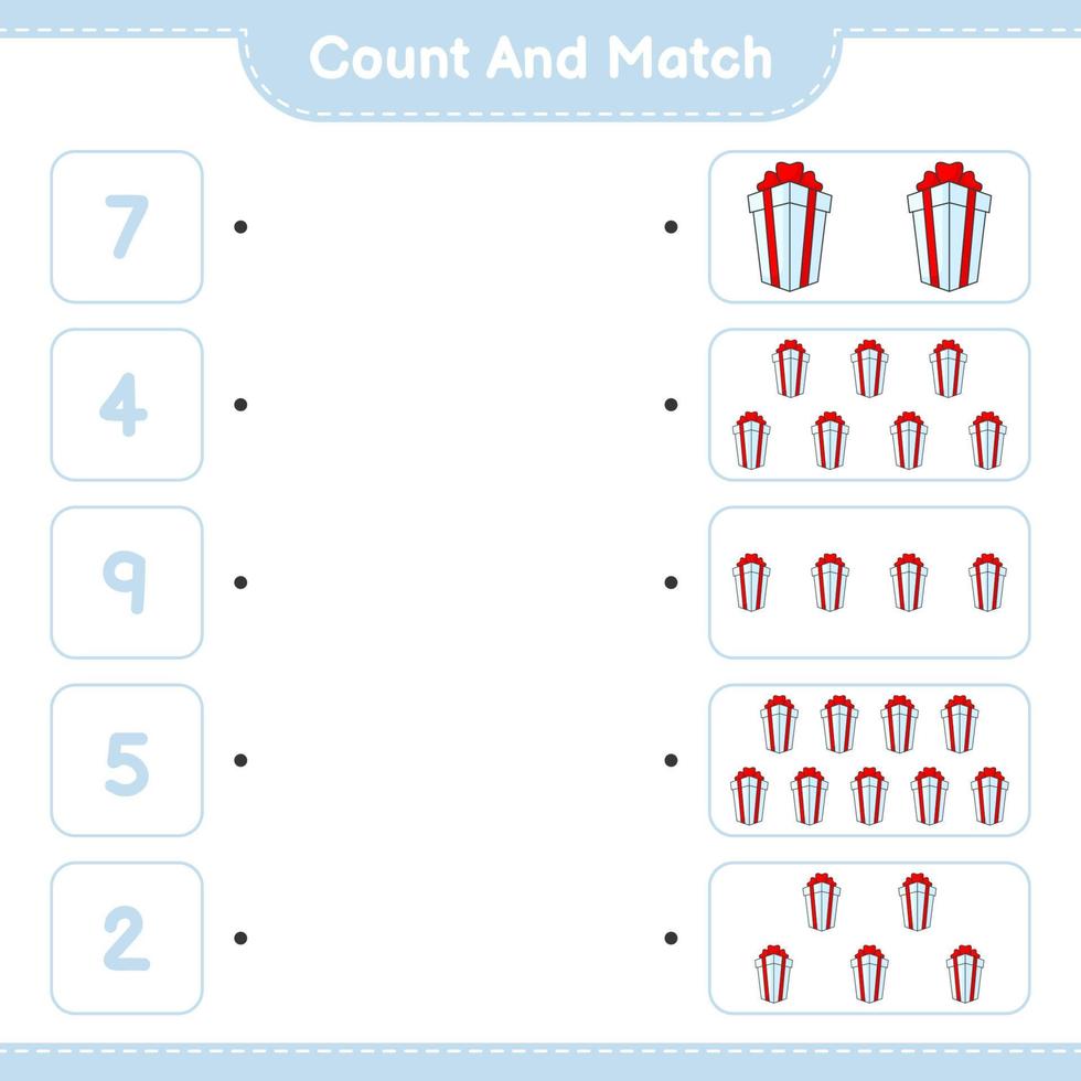 Count and match, count the number of Gift Box and match with the right numbers. Educational children game, printable worksheet, vector illustration