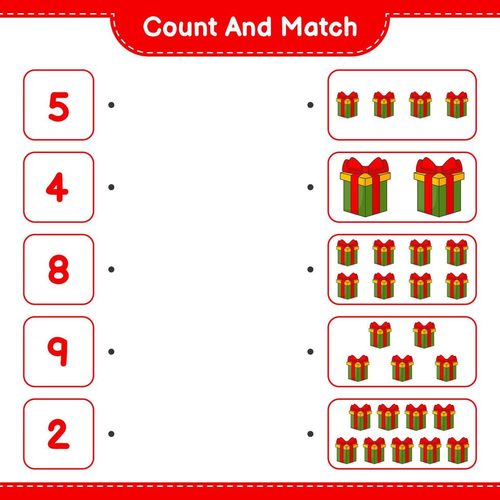 Count and match, count the number of Gift Box and match with the right numbers. Educational children game, printable worksheet, vector illustration