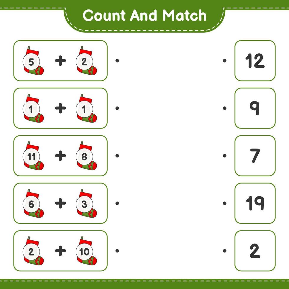 Count and match, count the number of Christmas Sock and match with the right numbers. Educational children game, printable worksheet, vector illustration