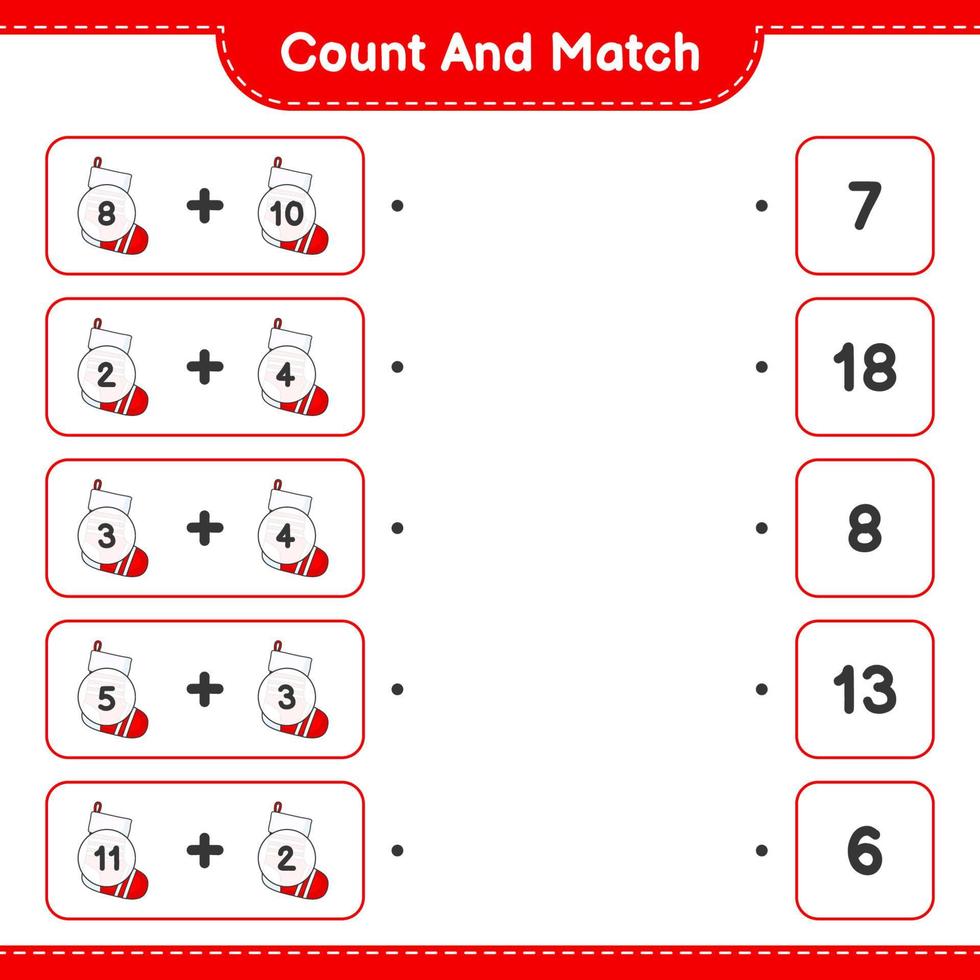 Count and match, count the number of Christmas Sock and match with the right numbers. Educational children game, printable worksheet, vector illustration